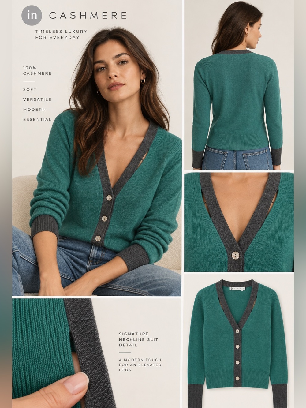 InCashmere V-Neck Cashmere Cardigan with Charcoal Trim